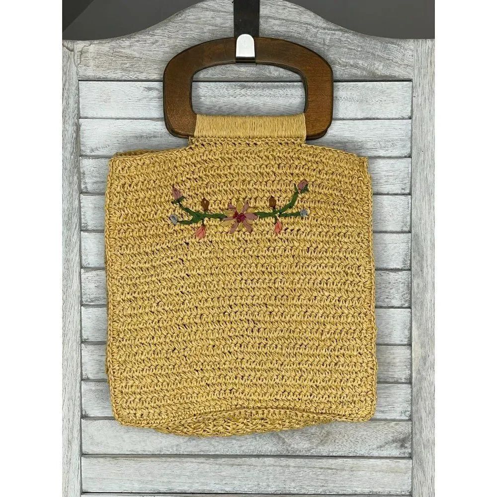 Vintage Seagrass Handbag With Wooden Handles and Embroidered Flowers